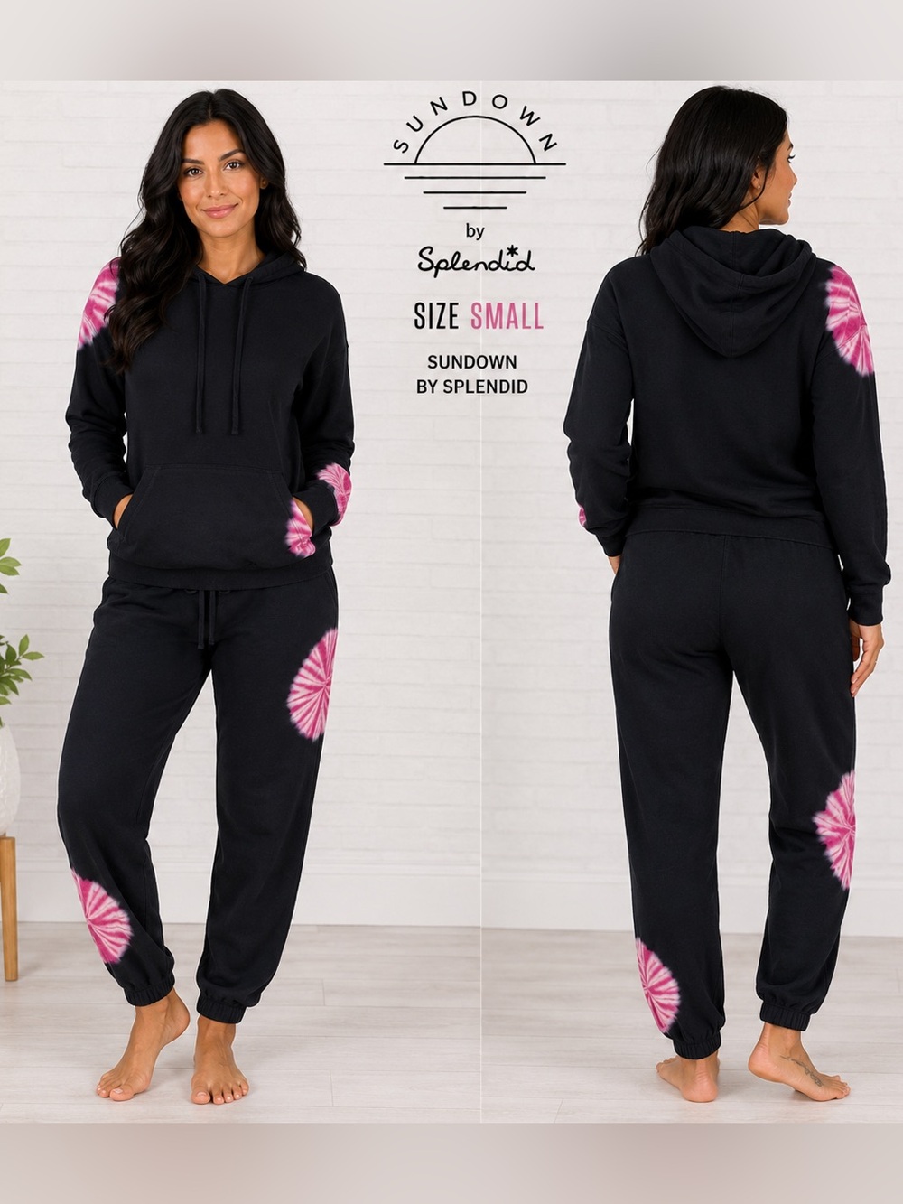 Sundown by Splendid Black Pink Tie-Dye Hoodie Jogger Set Size Small NWT